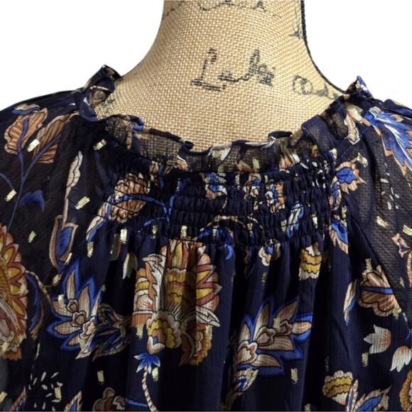 Tamara H. BLUE AND GOLD Floral Print Sheer sleeve Peasant‎ Blouse Plus Size 3X - Picture 2 of 10